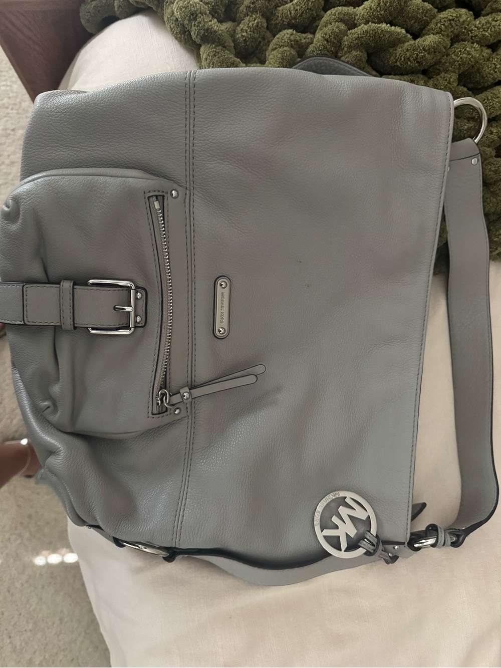 Michael Kors Gray Leather Shoulder Messenger Bag with MK Charm